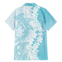 Polynesian Turquoise Plumeria Lei Family Matching Mermaid Dress and Hawaiian Shirt with Hammerhead Shark