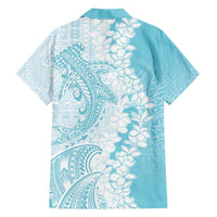 Polynesian Turquoise Plumeria Lei Family Matching Off Shoulder Short Dress and Hawaiian Shirt with Hammerhead Shark