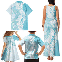 Polynesian Turquoise Plumeria Lei Family Matching Tank Maxi Dress and Hawaiian Shirt with Hammerhead Shark