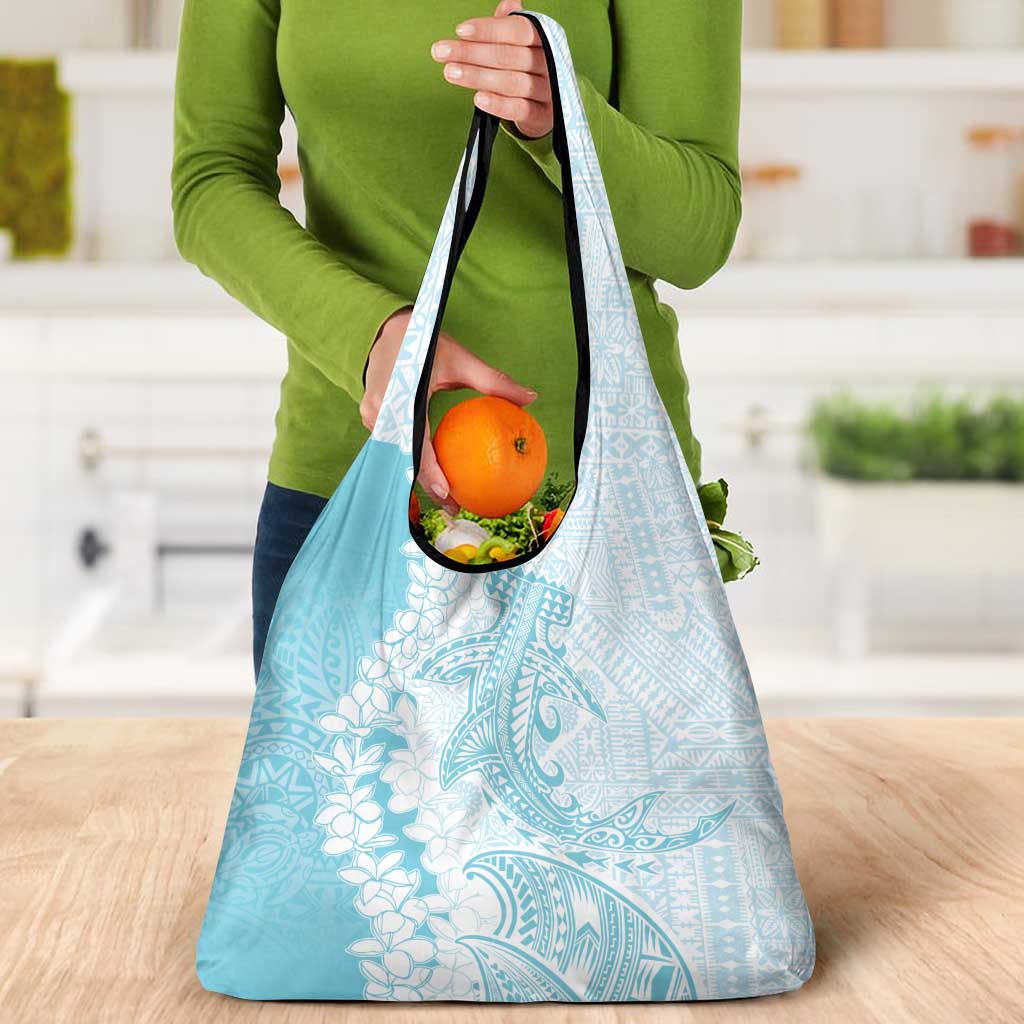 Polynesian Turquoise Plumeria Lei Grocery Bag with Hammerhead Shark