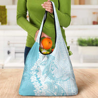 Polynesian Turquoise Plumeria Lei Grocery Bag with Hammerhead Shark