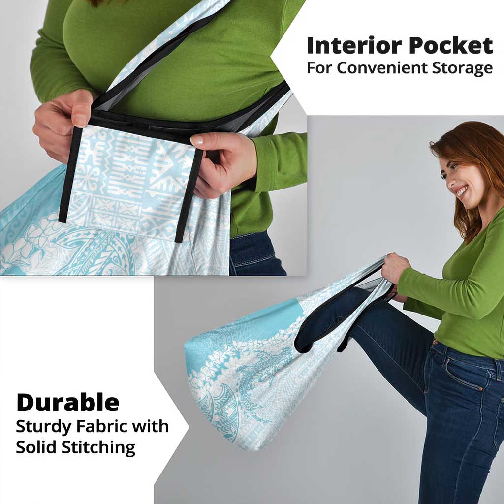 Polynesian Turquoise Plumeria Lei Grocery Bag with Hammerhead Shark