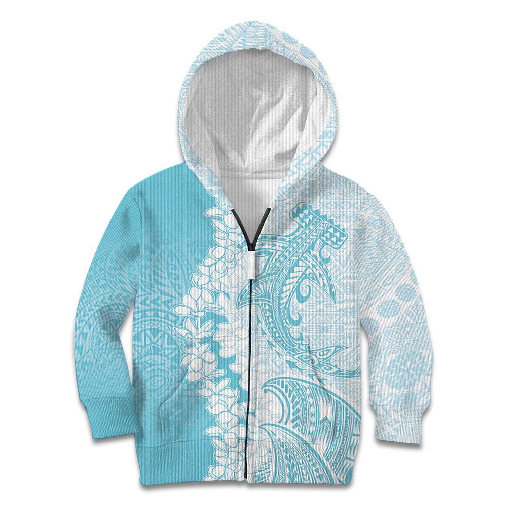 Polynesian Turquoise Plumeria Lei Kid Hoodie with Hammerhead Shark LT7 Zip Hoodie Turquoise - Polynesian Pride