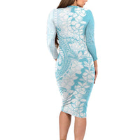 Polynesian Turquoise Plumeria Lei Long Sleeve Bodycon Dress with Hammerhead Shark