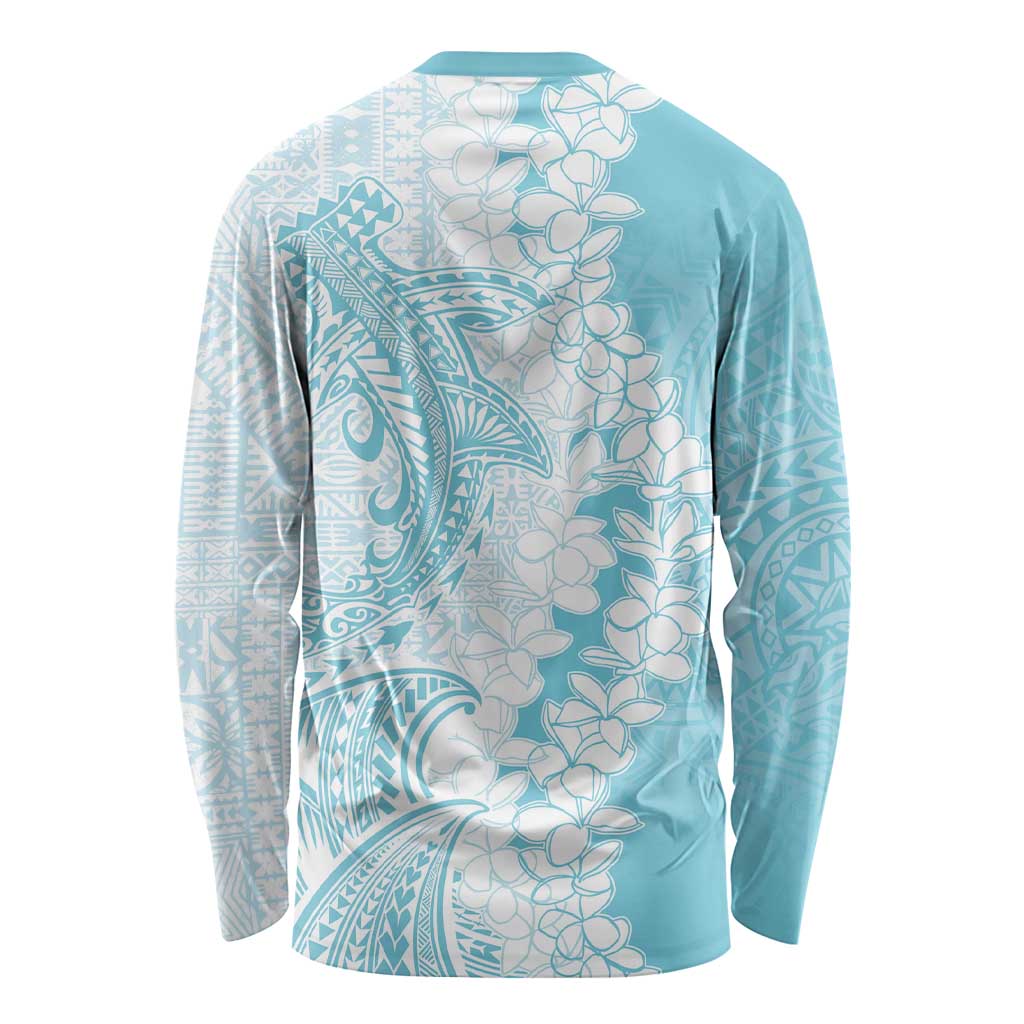 Polynesian Turquoise Plumeria Lei Long Sleeve Shirt with Hammerhead Shark