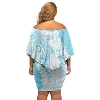 Polynesian Turquoise Plumeria Lei Off Shoulder Short Dress with Hammerhead Shark LT7 - Polynesian Pride