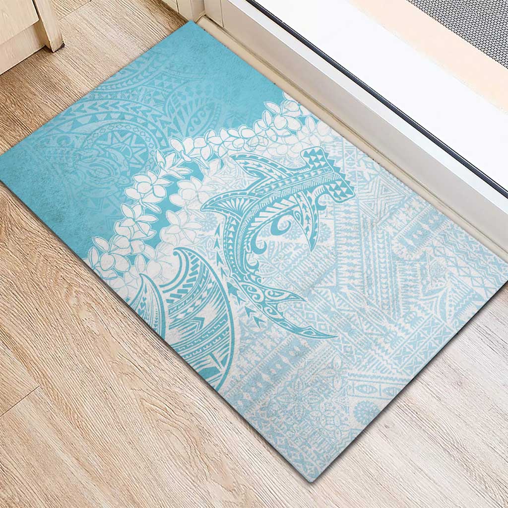 Polynesian Turquoise Plumeria Lei Rubber Doormat with Hammerhead Shark