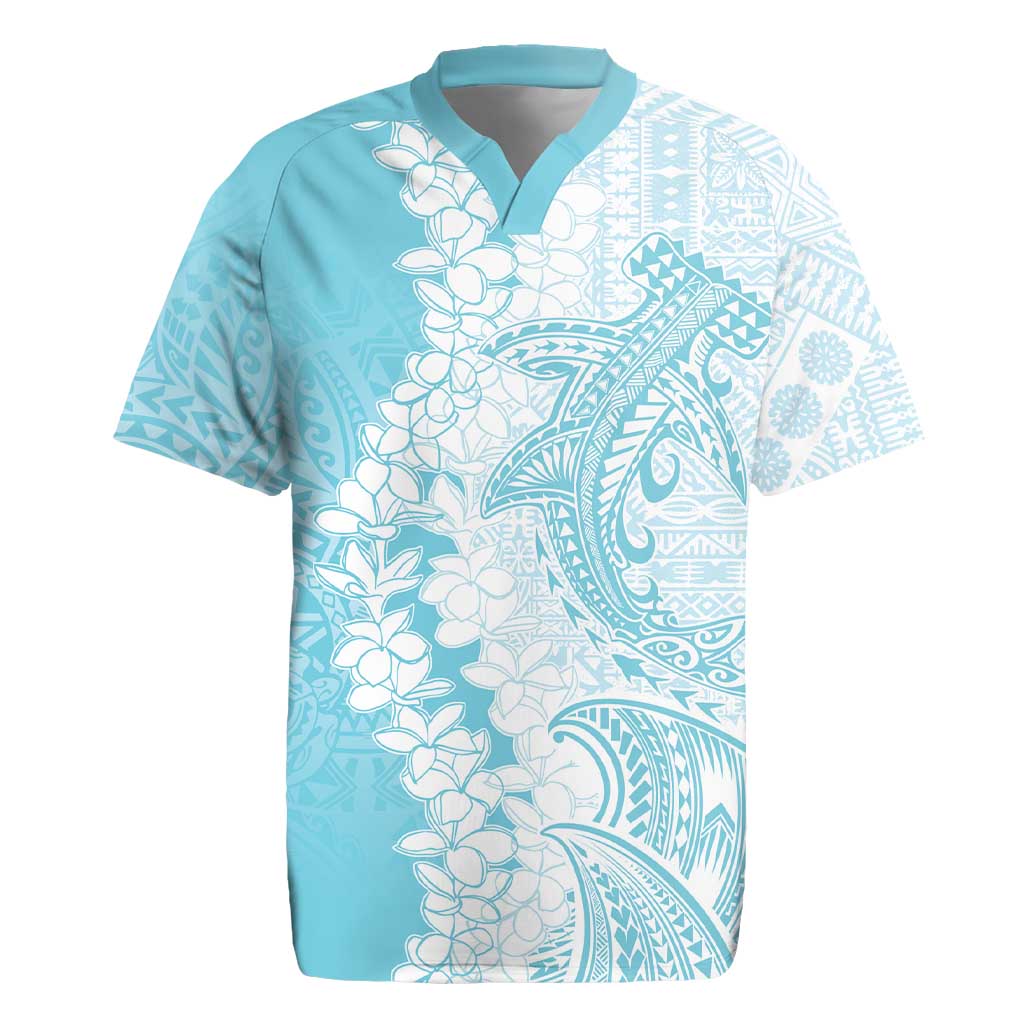 Polynesian Turquoise Plumeria Lei Rugby Jersey with Hammerhead Shark