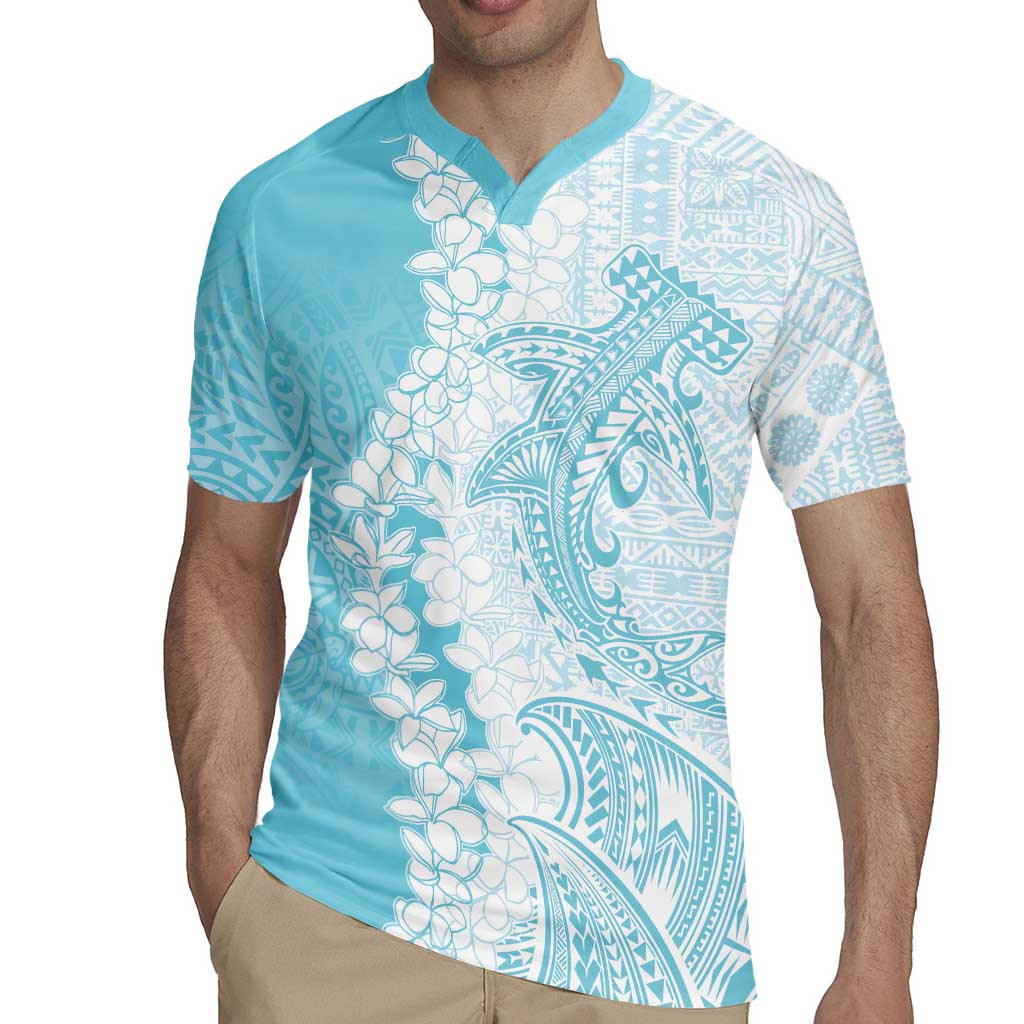 Polynesian Turquoise Plumeria Lei Rugby Jersey with Hammerhead Shark