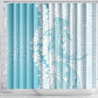 Polynesian Turquoise Plumeria Lei Shower Curtain with Hammerhead Shark