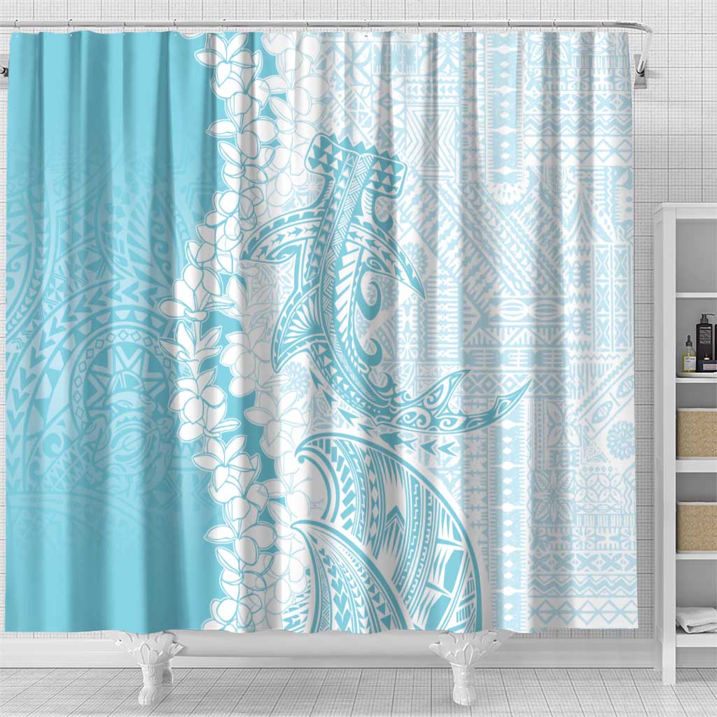 Polynesian Turquoise Plumeria Lei Shower Curtain with Hammerhead Shark