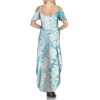 Polynesian Turquoise Plumeria Lei Summer Maxi Dress with Hammerhead Shark