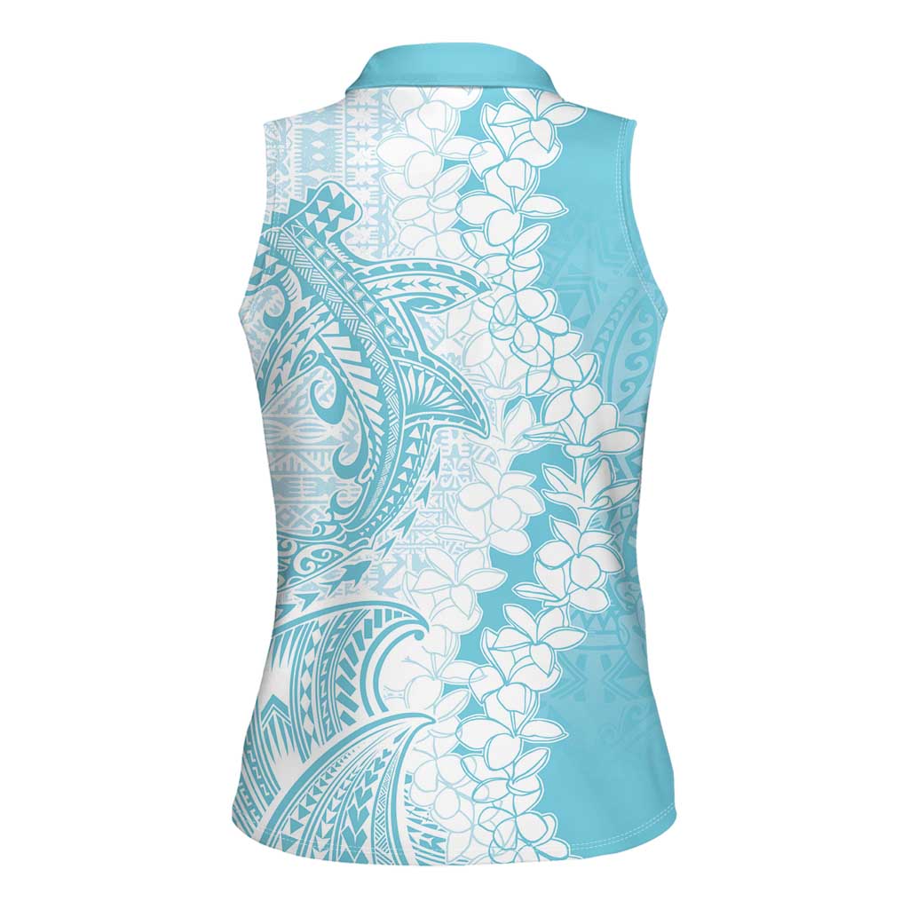 Polynesian Turquoise Plumeria Lei Women Sleeveless Polo Shirt with Hammerhead Shark LT7 - Polynesian Pride