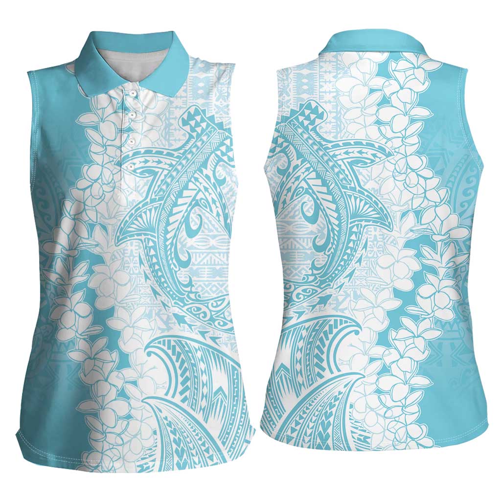 Polynesian Turquoise Plumeria Lei Women Sleeveless Polo Shirt with Hammerhead Shark LT7 - Polynesian Pride