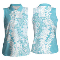 Polynesian Turquoise Plumeria Lei Women Sleeveless Polo Shirt with Hammerhead Shark LT7 - Polynesian Pride