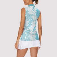 Polynesian Turquoise Plumeria Lei Women Sleeveless Polo Shirt with Hammerhead Shark LT7 - Polynesian Pride