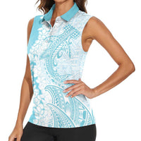 Polynesian Turquoise Plumeria Lei Women Sleeveless Polo Shirt with Hammerhead Shark LT7 - Polynesian Pride