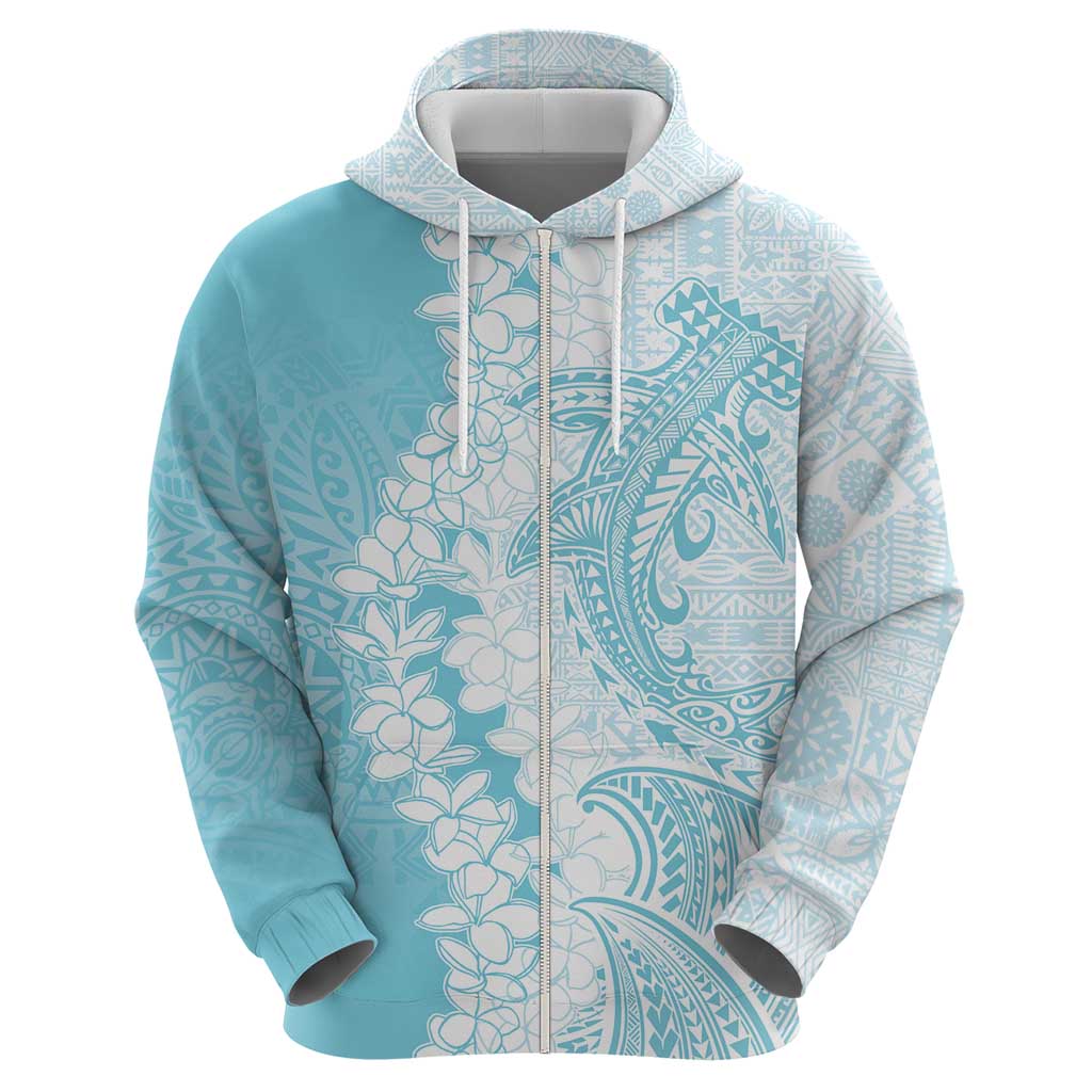 Polynesian Turquoise Plumeria Lei Zip Hoodie with Hammerhead Shark