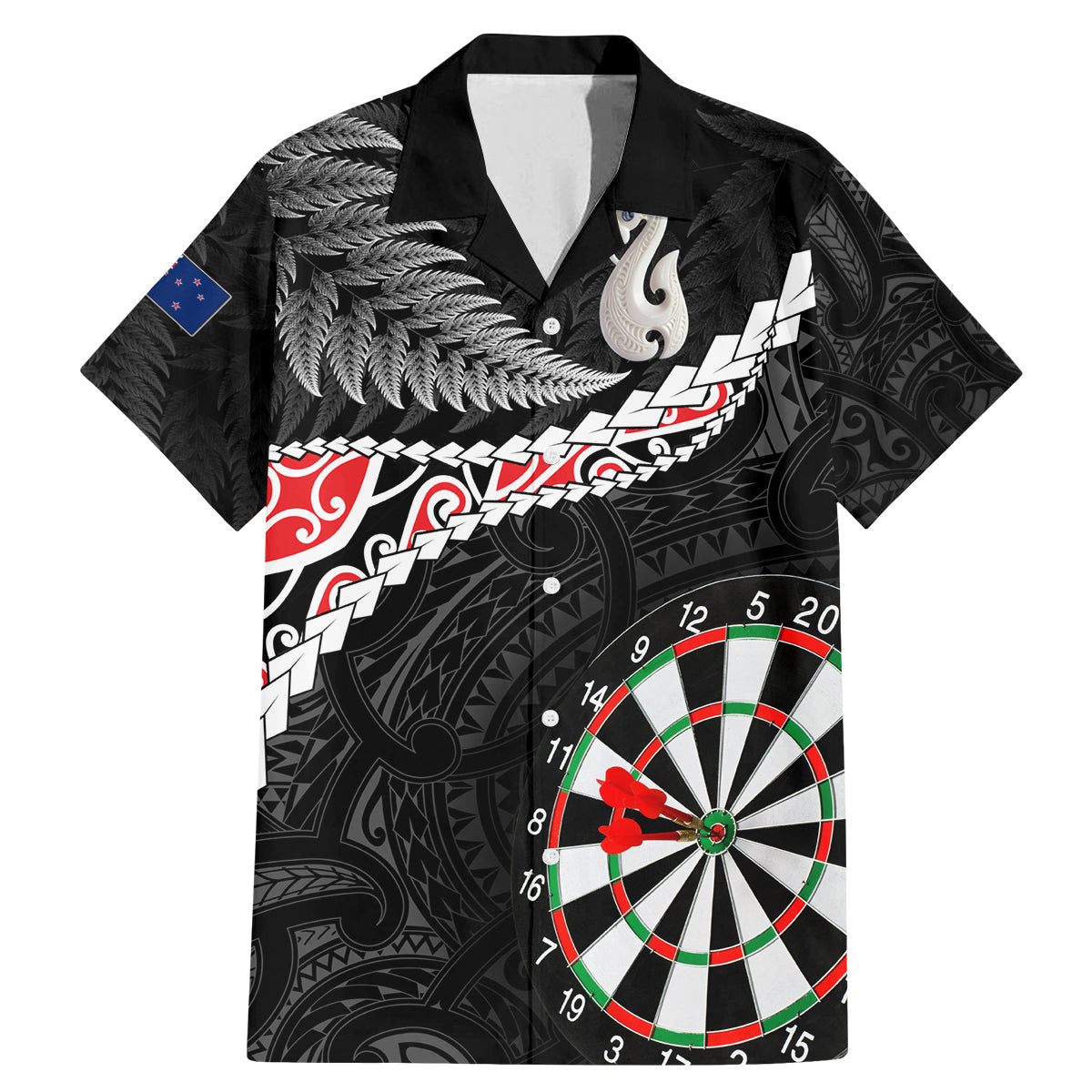 Personalised New Zealand Darts Family Matching Mermaid Dress and Hawaiian Shirt Maori Manaia LT7 Dad's Shirt - Short Sleeve Black - Polynesian Pride