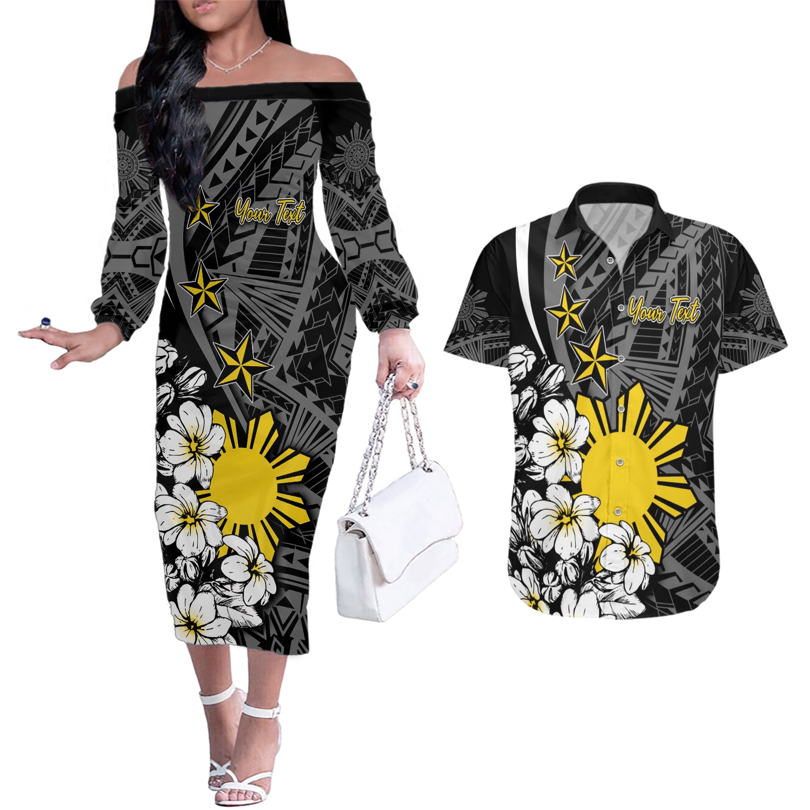 Philippines Sampaguita Personalised Couples Matching Off The Shoulder Long Sleeve Dress and Hawaiian Shirt Women's Day LT7 Black - Polynesian Pride
