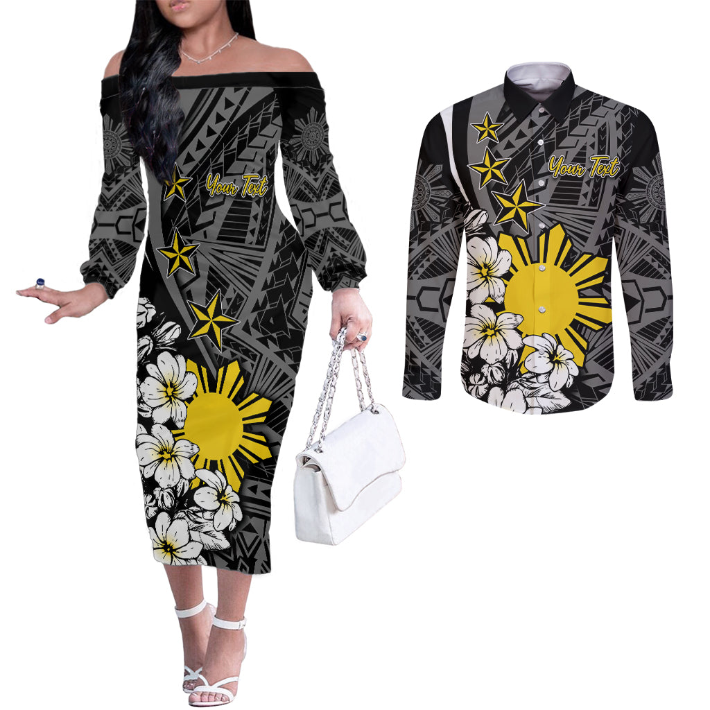 Philippines Sampaguita Personalised Couples Matching Off The Shoulder Long Sleeve Dress and Long Sleeve Button Shirt Women's Day LT7 Black - Polynesian Pride