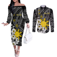 Philippines Sampaguita Personalised Couples Matching Off The Shoulder Long Sleeve Dress and Long Sleeve Button Shirt Women's Day LT7 Black - Polynesian Pride