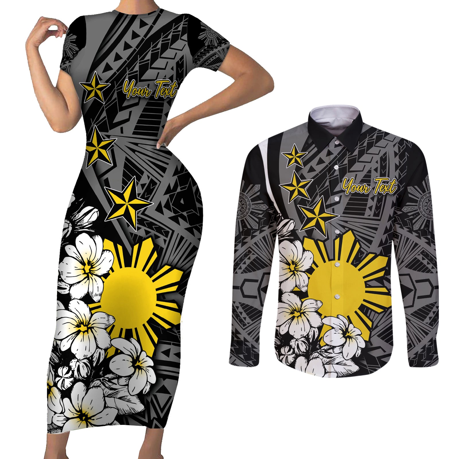 Philippines Sampaguita Personalised Couples Matching Short Sleeve Bodycon Dress and Long Sleeve Button Shirt Women's Day LT7 Black - Polynesian Pride