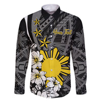 Philippines Sampaguita Personalised Family Matching Long Sleeve Bodycon Dress and Hawaiian Shirt Women's Day LT7 Dad's Shirt - Long Sleeve Black - Polynesian Pride