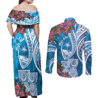 Hafa Adai Guam Couples Matching Off Shoulder Maxi Dress and Long Sleeve Button Shirt Crystal Waves