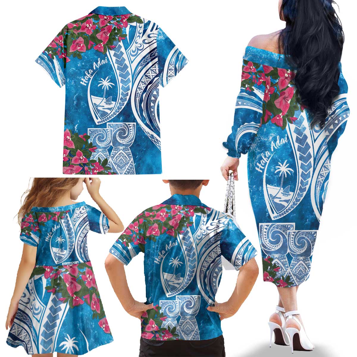Hafa Adai Guam Family Matching Off The Shoulder Long Sleeve Dress and Hawaiian Shirt Crystal Waves