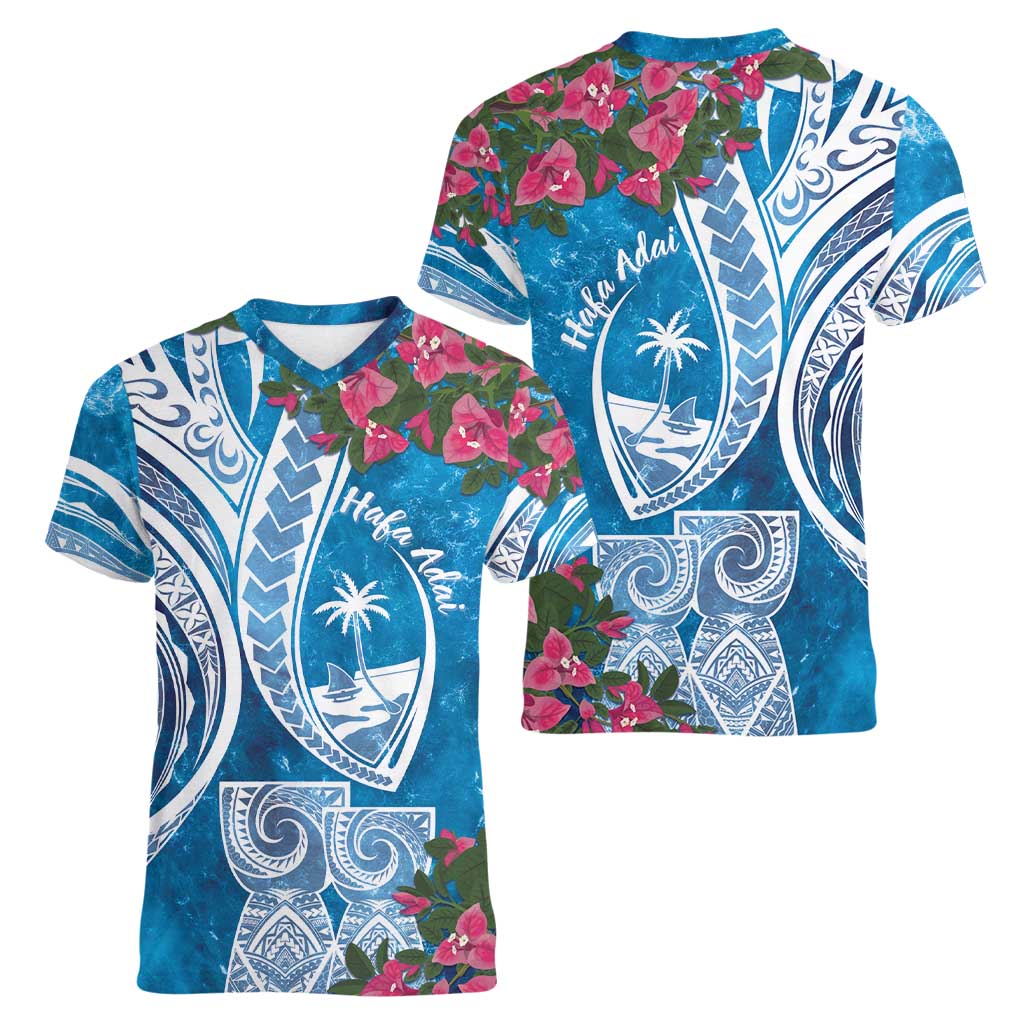 Hafa Adai Guam Women V-Neck T-Shirt Crystal Waves