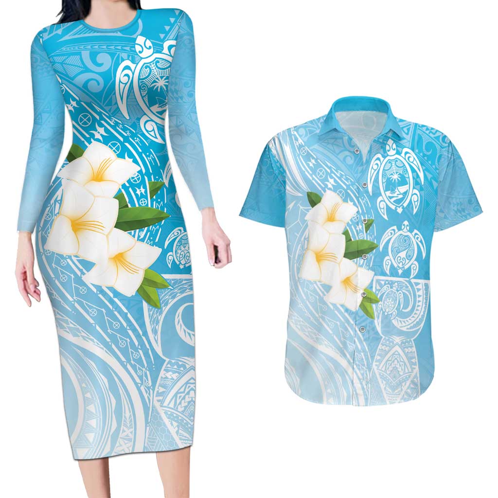 Personalized Guam Chamorro Couples Matching Long Sleeve Bodycon Dress and Hawaiian Shirt Turtles and Guasali Flowers