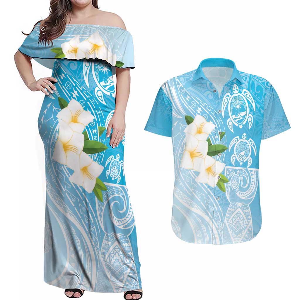 Personalized Guam Chamorro Couples Matching Off Shoulder Maxi Dress and Hawaiian Shirt Turtles and Guasali Flowers