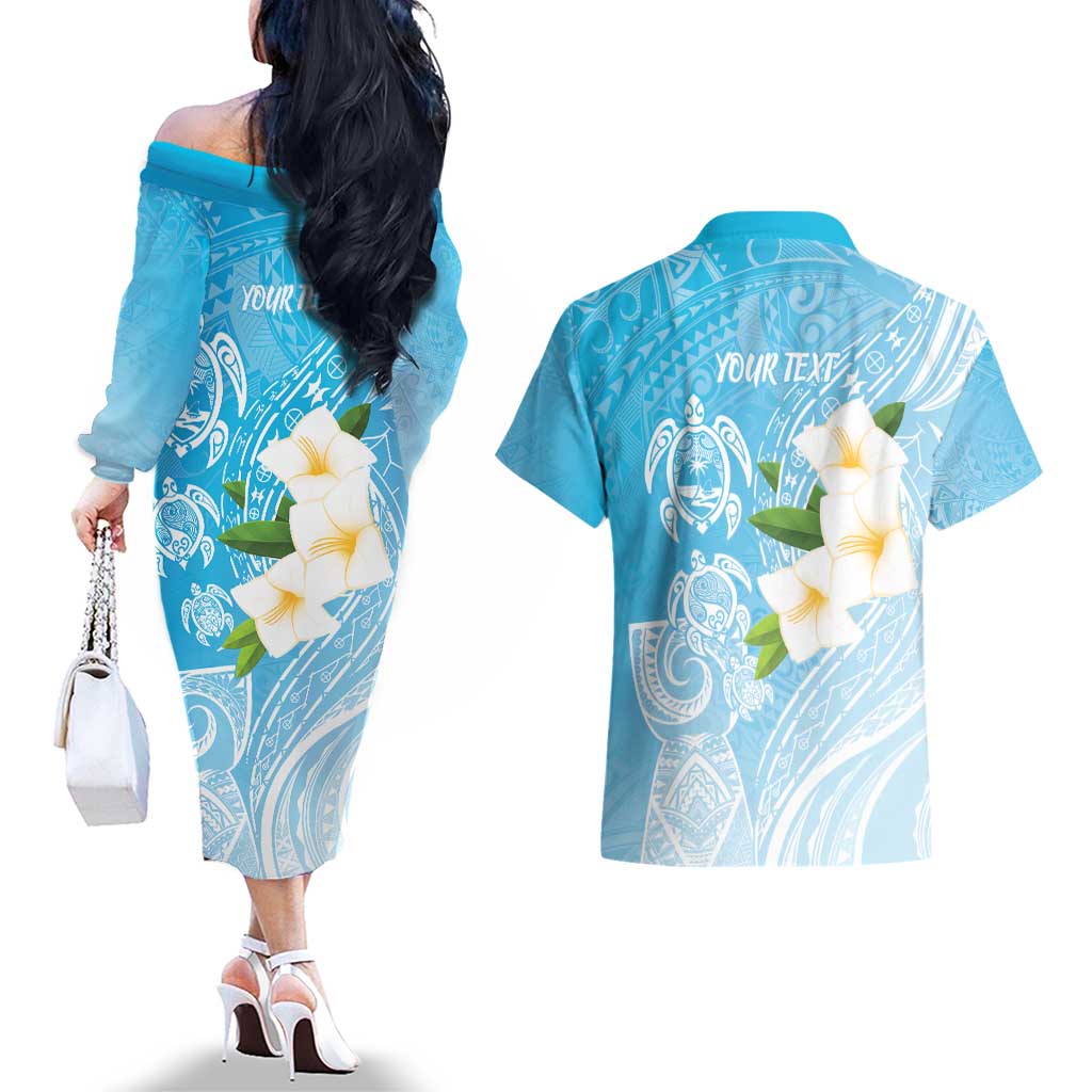 Personalized Guam Chamorro Couples Matching Off The Shoulder Long Sleeve Dress and Hawaiian Shirt Turtles and Guasali Flowers