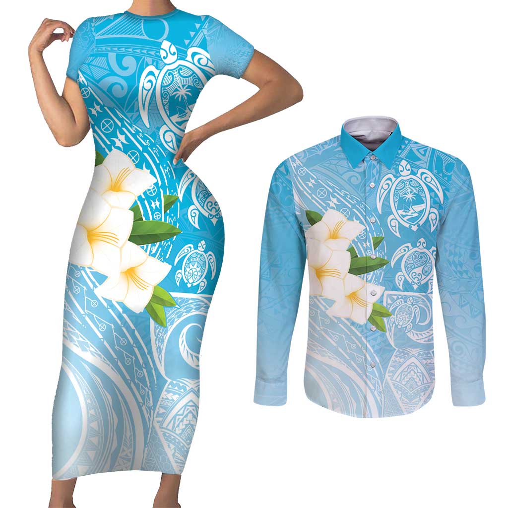 Personalized Guam Chamorro Couples Matching Short Sleeve Bodycon Dress and Long Sleeve Button Shirt Turtles and Guasali Flowers