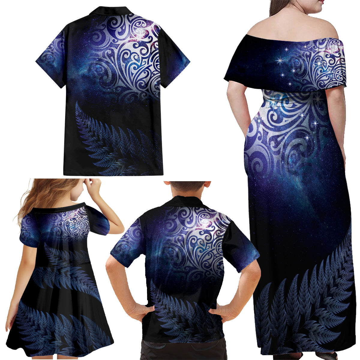 New Zealand Aotearoa Matariki Family Matching Off Shoulder Maxi Dress and Hawaiian Shirt Starry Silver Fern