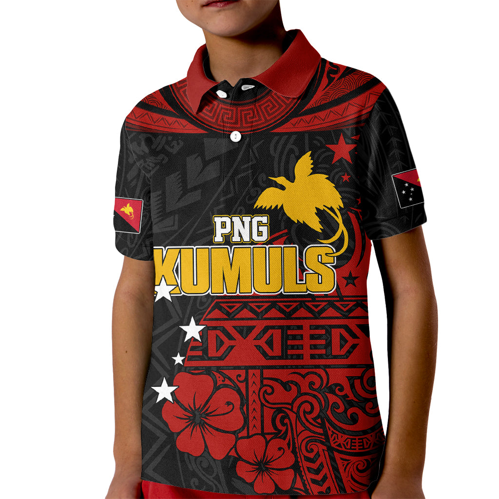 Personalised PNG Kumuls Rugby Kid Polo Shirt Motuan Mix Patterns LT7 Kid Black - Polynesian Pride