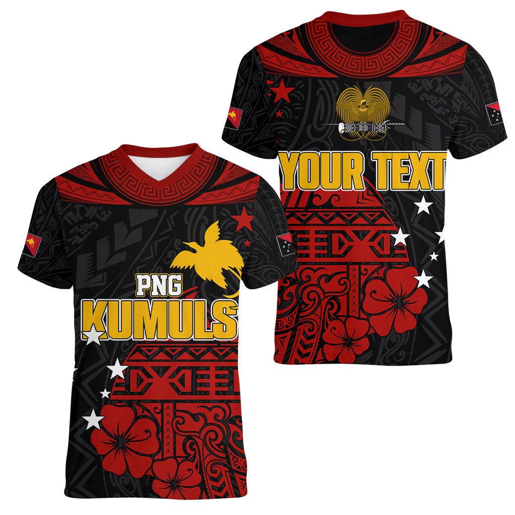 Personalised PNG Kumuls Rugby Women V Neck T Shirt Motuan Mix Patterns LT7 Female Black - Polynesian Pride