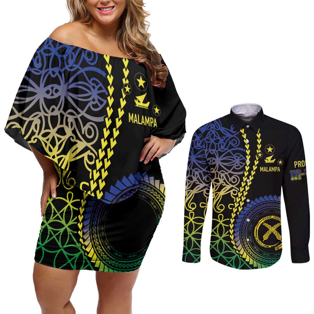 Proudly Ni-Van Sandroing Inspired Couples Matching Off Shoulder Short Dress and Long Sleeve Button Shirt Malampa Classic Style LT7 Colorful - Polynesian Pride