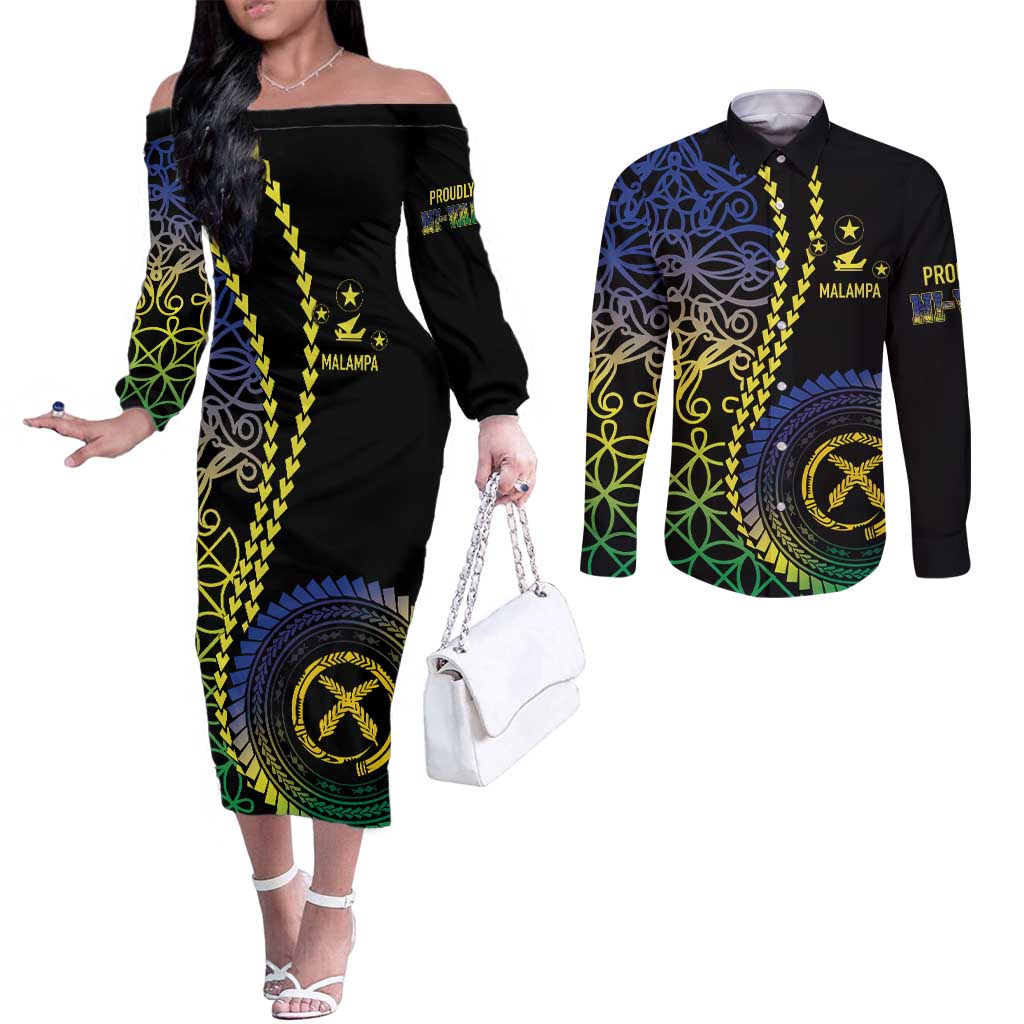 Proudly Ni-Van Sandroing Inspired Couples Matching Off The Shoulder Long Sleeve Dress and Long Sleeve Button Shirt Malampa Classic Style