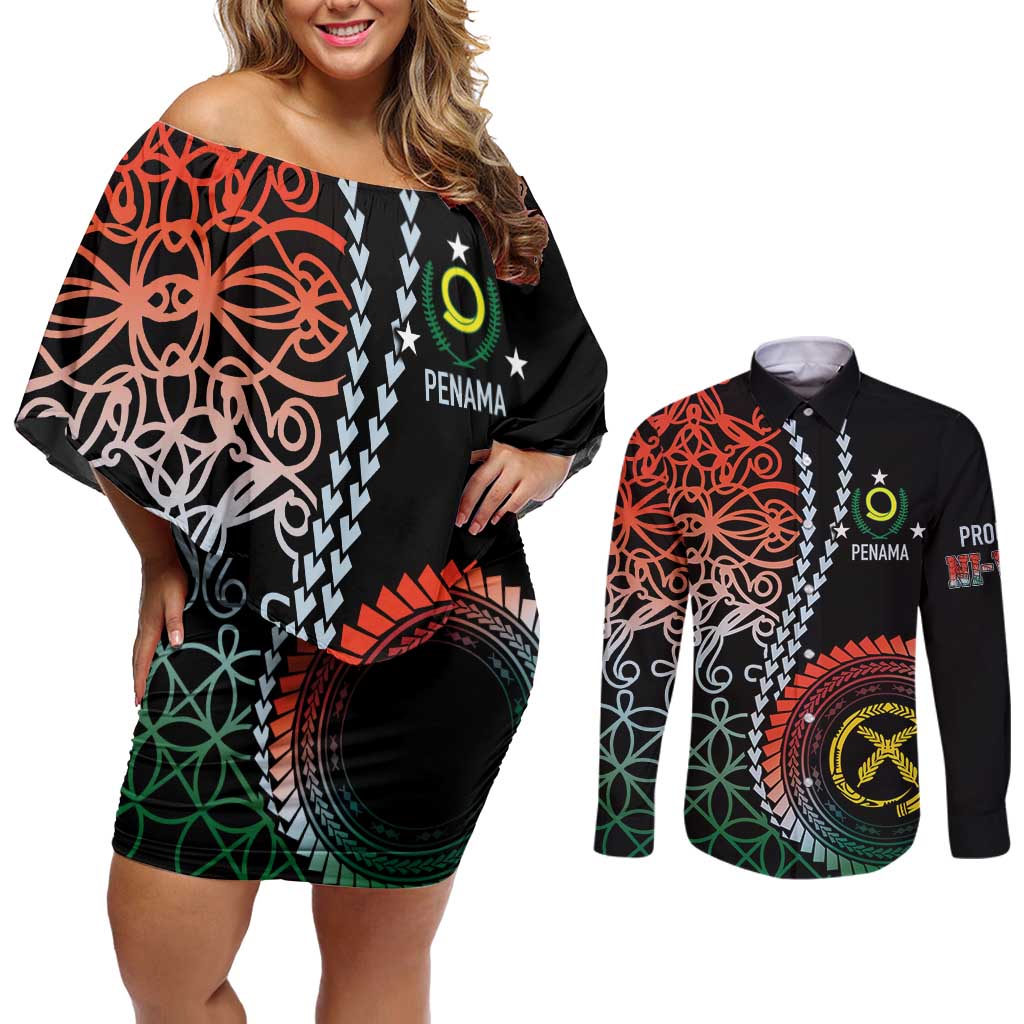 Proudly Ni-Van Sandroing Inspired Couples Matching Off Shoulder Short Dress and Long Sleeve Button Shirt Penama Classic Style LT7 Colorful - Polynesian Pride