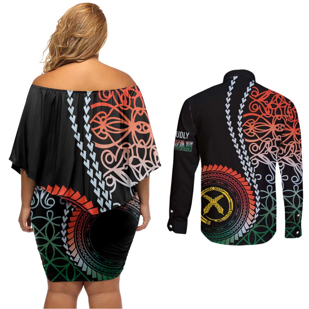 Proudly Ni-Van Sandroing Inspired Couples Matching Off Shoulder Short Dress and Long Sleeve Button Shirt Penama Classic Style LT7 - Polynesian Pride