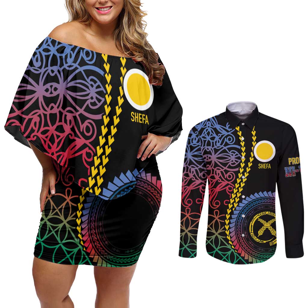 Proudly Ni-Van Sandroing Inspired Couples Matching Off Shoulder Short Dress and Long Sleeve Button Shirt Shefa Classic Style