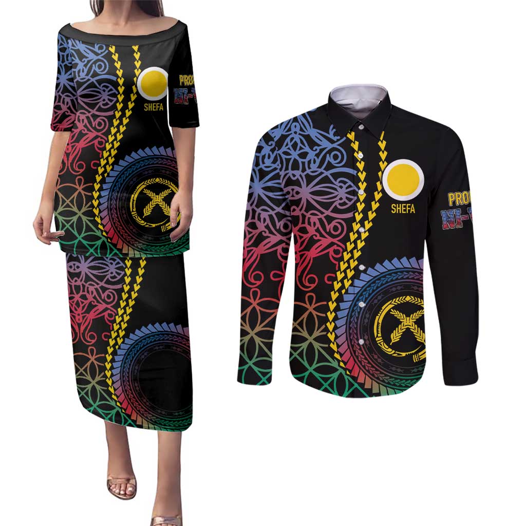 Proudly Ni-Van Sandroing Inspired Couples Matching Puletasi and Long Sleeve Button Shirt Shefa Classic Style LT7 Colorful - Polynesian Pride