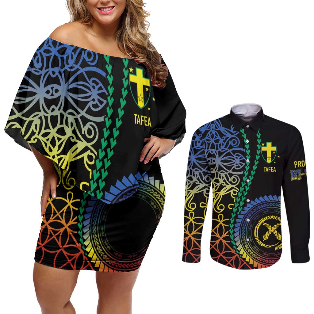 Proudly Ni-Van Sandroing Inspired Couples Matching Off Shoulder Short Dress and Long Sleeve Button Shirt Tafea Classic Style LT7 Colorful - Polynesian Pride