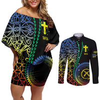 Proudly Ni-Van Sandroing Inspired Couples Matching Off Shoulder Short Dress and Long Sleeve Button Shirt Tafea Classic Style LT7 Colorful - Polynesian Pride