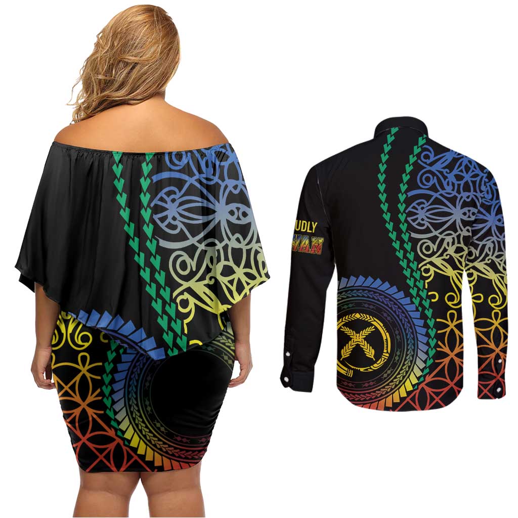 Proudly Ni-Van Sandroing Inspired Couples Matching Off Shoulder Short Dress and Long Sleeve Button Shirt Tafea Classic Style LT7 - Polynesian Pride