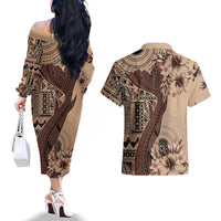 Bula Fiji Couples Matching Off The Shoulder Long Sleeve Dress and Hawaiian Shirt Shark Tail Beige Masi Tapa