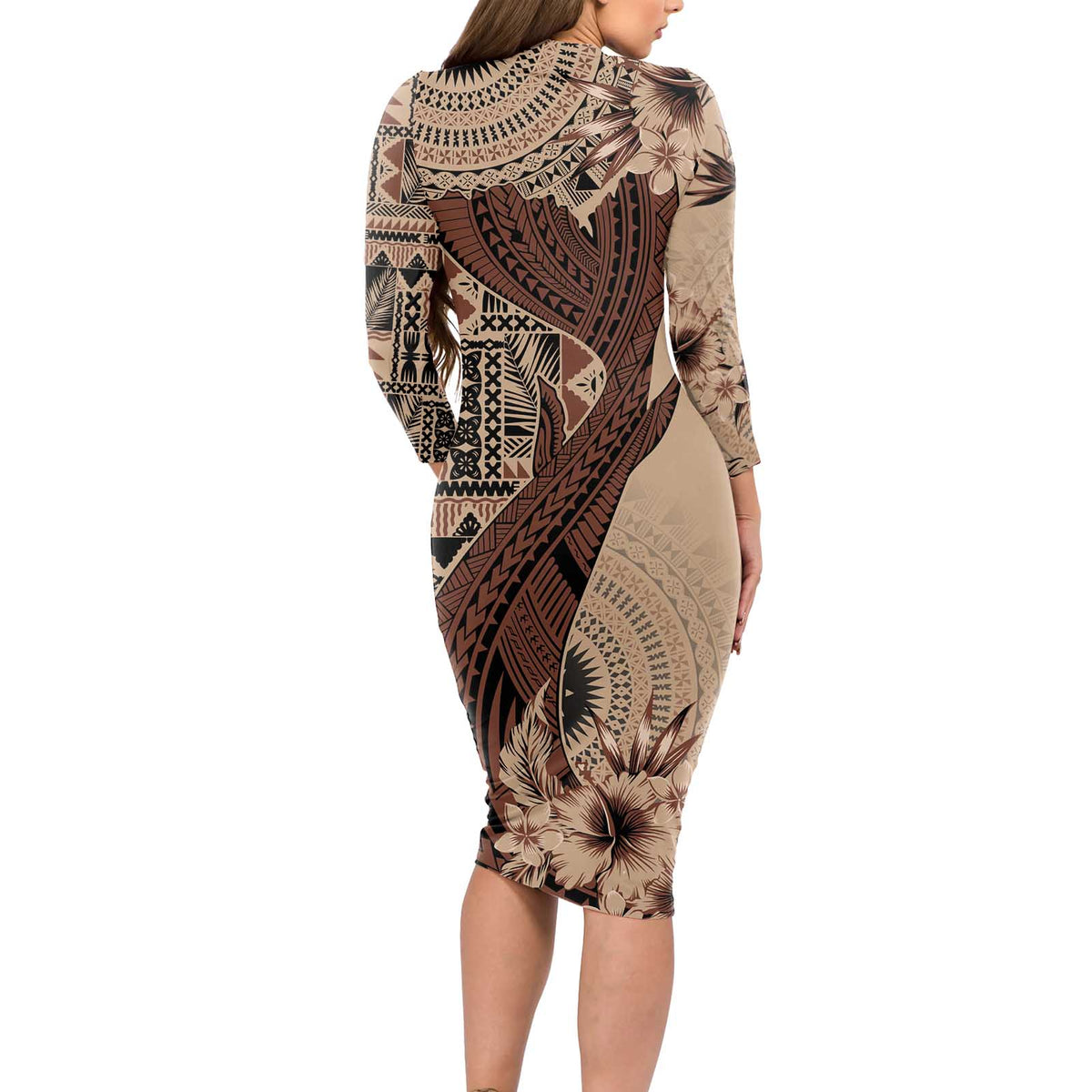 Bula Fiji Long Sleeve Bodycon Dress Shark Tail Beige Masi Tapa