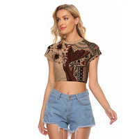 Bula Fiji Raglan Cropped T Shirt Shark Tail Beige Masi Tapa LT7 Female Beige - Polynesian Pride